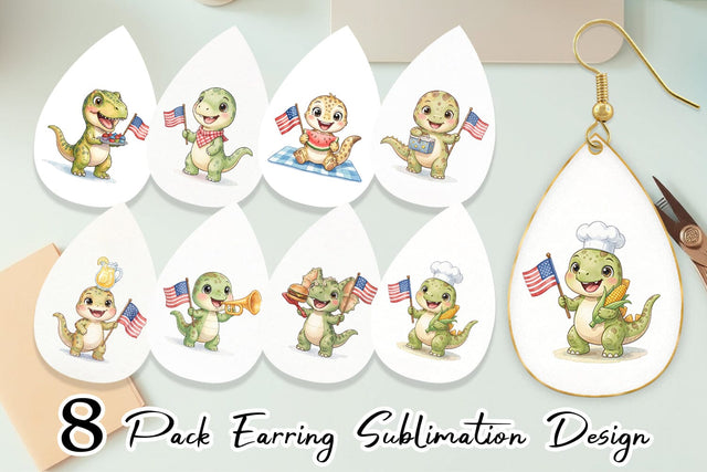 Earring Cute Picnic BBQ Dino Watercolor Sublimation artnoy 