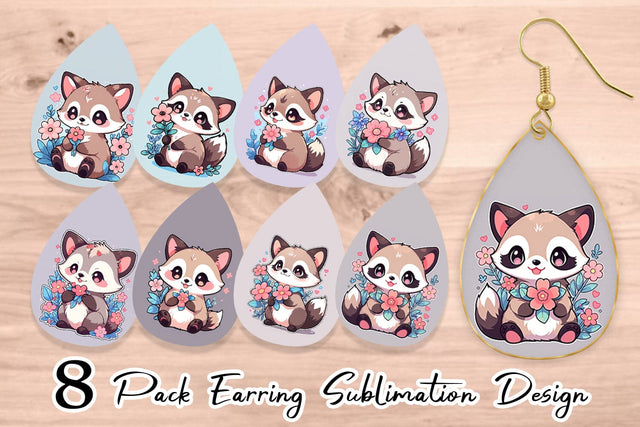 Earring Cute Raccoon with Flower Sublimation artnoy 