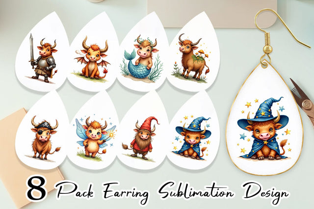 Earring Enchanted Highland Cows UglyCute Fantasy Watercolor Sublimation artnoy 