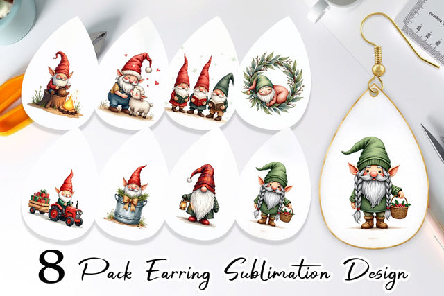 Earring Farmhouse Christmas Gnomes Watercolor Sublimation artnoy 