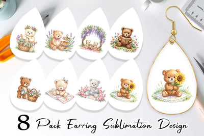 Earring Floral Garden Teddy Bear Watercolor Sublimation artnoy 