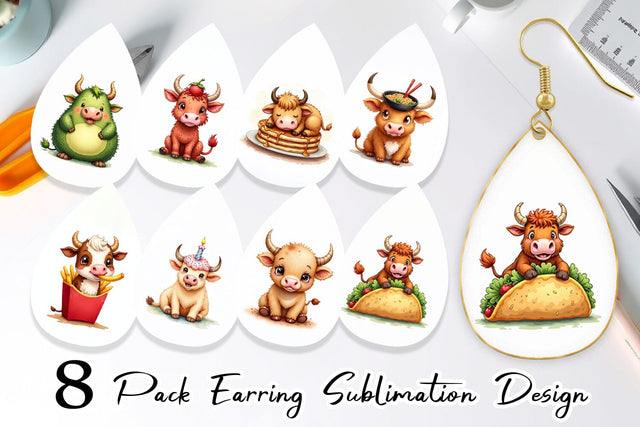 Earring Foodie Highland Cow UglyCute Watercolor Treats Sublimation artnoy 