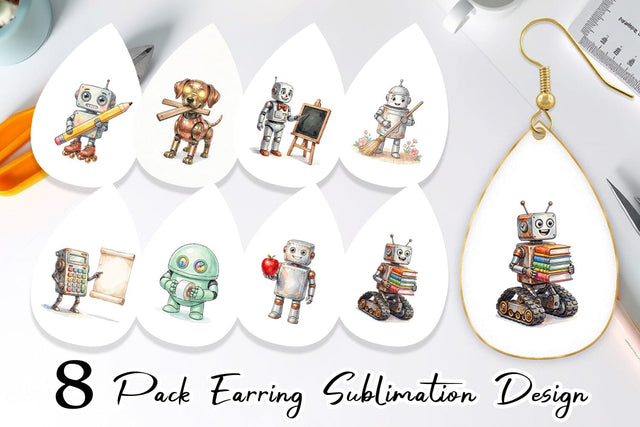 Earring Friendly Retro School Robot Watercolor Sublimation artnoy 