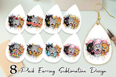 Earring Funny Treat Panic Cats Watercolor Sublimation artnoy 