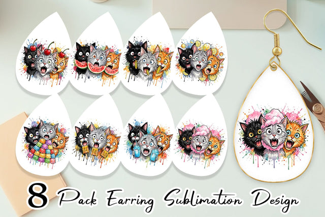 Earring Funny Treat Panic Cats Watercolor Sublimation artnoy 