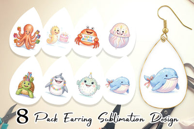 Earring Happy Round Ocean Birthday Watercolor Sublimation artnoy 