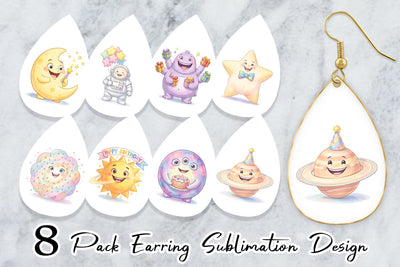Earring Happy Round Space Birthday Watercolor Sublimation artnoy 