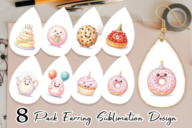 Earring Happy Round Sweet Treats Watercolor Sublimation artnoy 