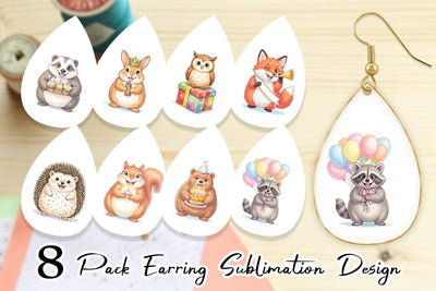 Earring Happy Round Woodland Birthday Watercolor Sublimation artnoy 