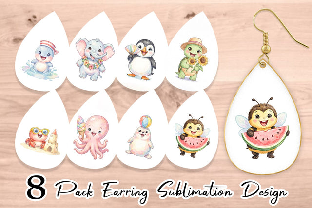 Earring Happy Summer Animals Watercolor Sublimation artnoy 