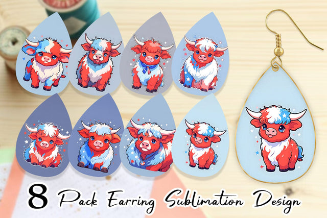 Earring Highland Cow 4th July Sublimation artnoy 