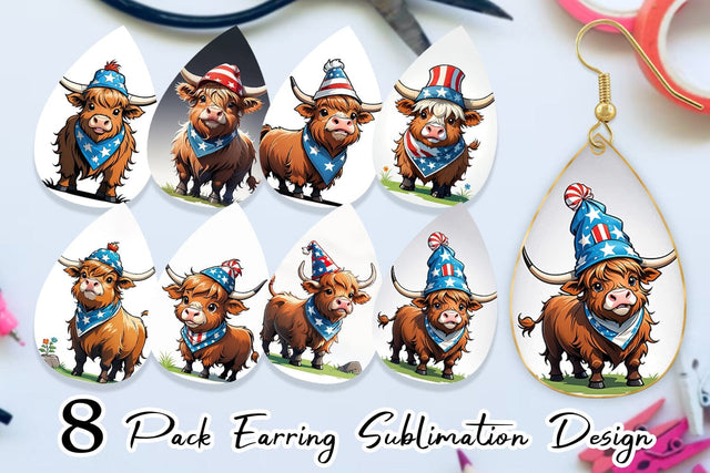Earring Highland Cow 4th of July Sublimation artnoy 
