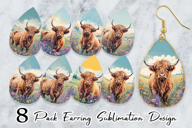 Earring Highland Cow and Flower Sublimation artnoy 