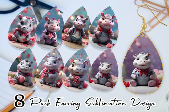 Earring Hippopotamus Valentine Sublimation artnoy 