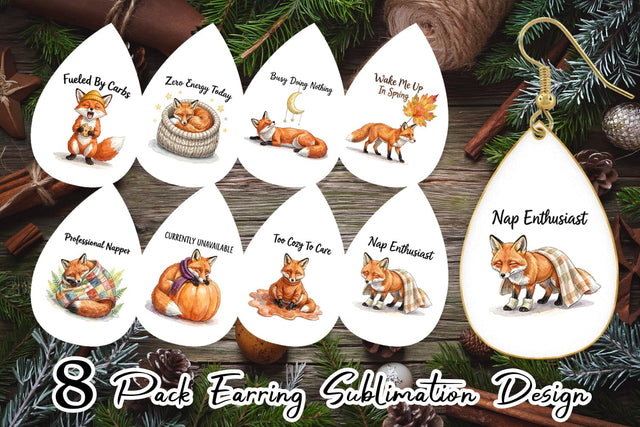 Earring Lazy Fox Cozy Hygge Watercolor Sublimation artnoy 