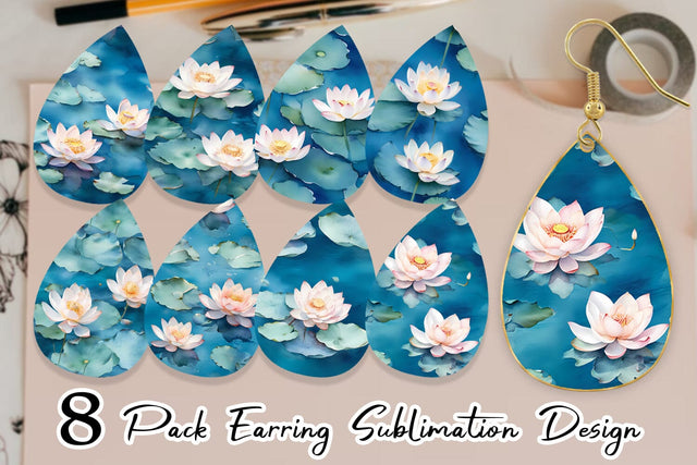 Earring Lotus Watercolor Pattern Sublimation artnoy 