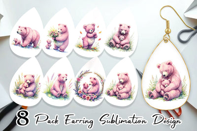 Earring Mama Bear Cub Watercolor Sublimation artnoy 