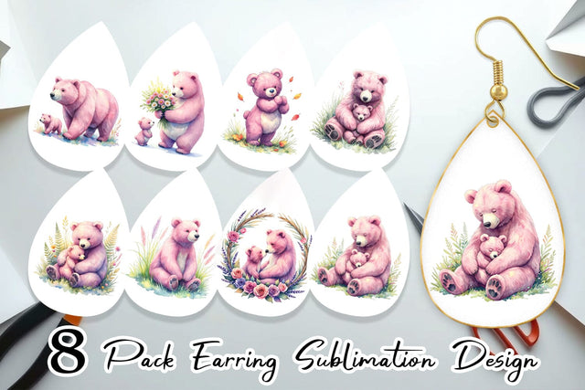 Earring Mama Bear Cub Watercolor Sublimation artnoy 