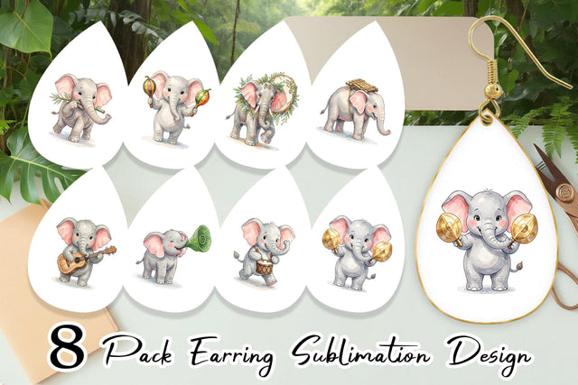 Earring Musical Jungle Elephant Watercolor Sublimation artnoy 