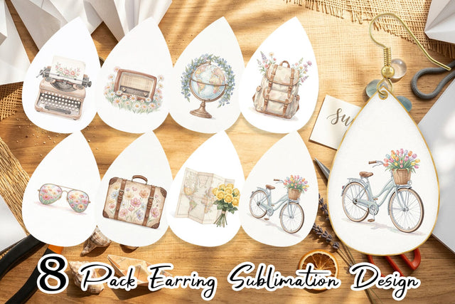 Earring Pastel Vintage Travel Gear Watercolor Sublimation artnoy 