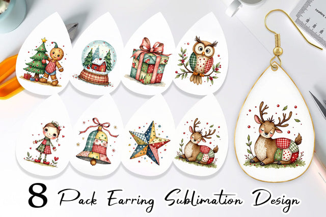 Earring Patchwork Christmas Watercolor Sublimation artnoy 