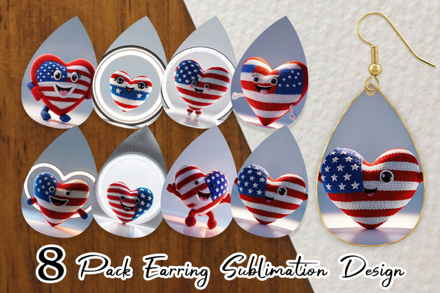 Earring Patriotic Heart Crochet Sublimation artnoy 