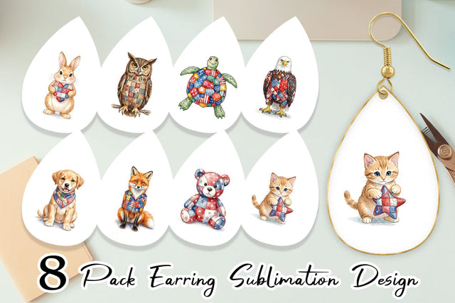Earring Patriotic Patchwork Animal Watercolor Sublimation artnoy 