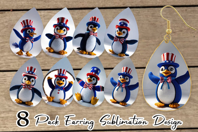 Earring Patriotic Penguin Crochet Sublimation artnoy 