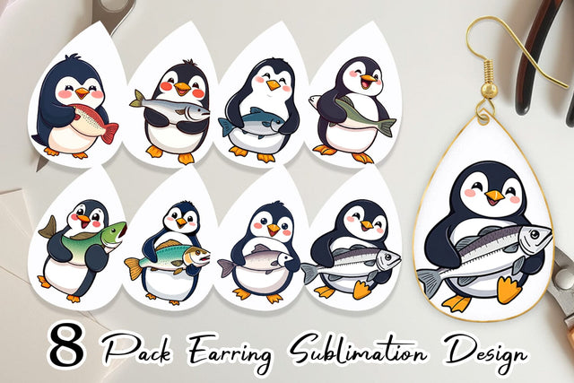 Earring Penguin Holding a Fish Sublimation artnoy 