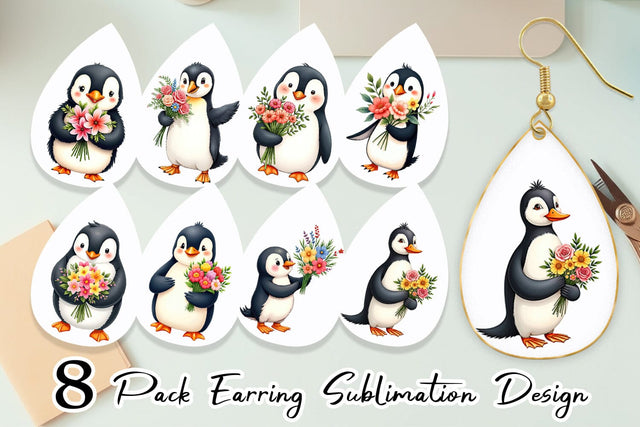 Earring Penguin Spring Bouquet Sublimation artnoy 