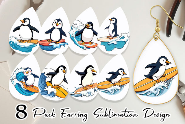 Earring Penguin Surfing a Wave Sublimation artnoy 