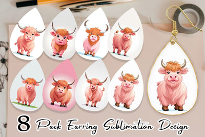Earring Pink Highland Cow Valentine Sublimation artnoy 