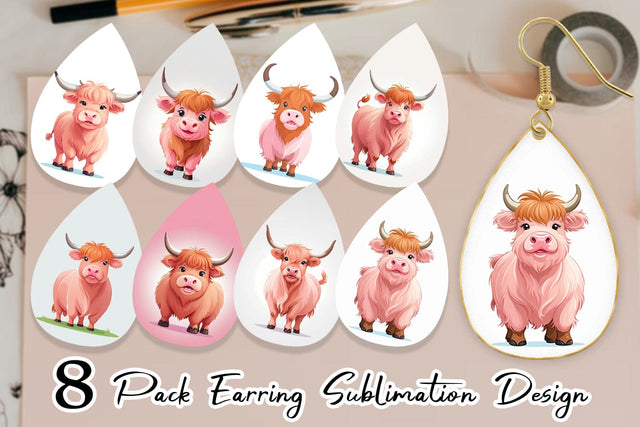 Earring Pink Highland Cow Valentine Sublimation artnoy 