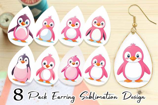 Earring Pink Penguin Valentine Sublimation artnoy 