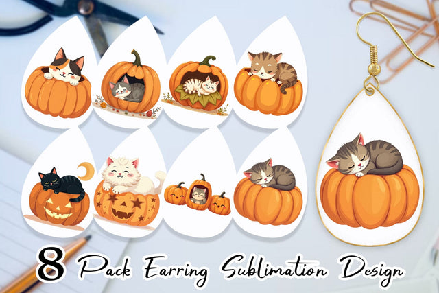 Earring Pumpkin Cats Fall Sublimation artnoy 
