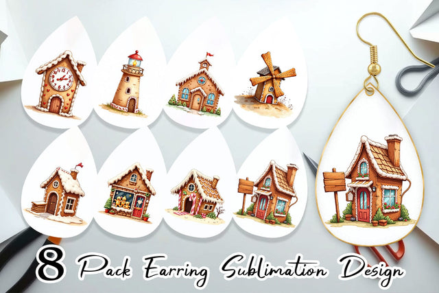 Earring Quirky Gingerbread Village Watercolor Sublimation artnoy 