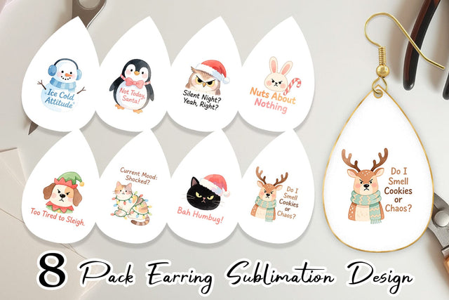 Earring Quotes Watercolor Grumpy Animals Christmas Sublimation artnoy 
