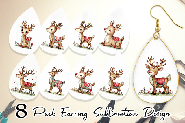 Earring Reindeer Patchwork Watercolor Sublimation artnoy 