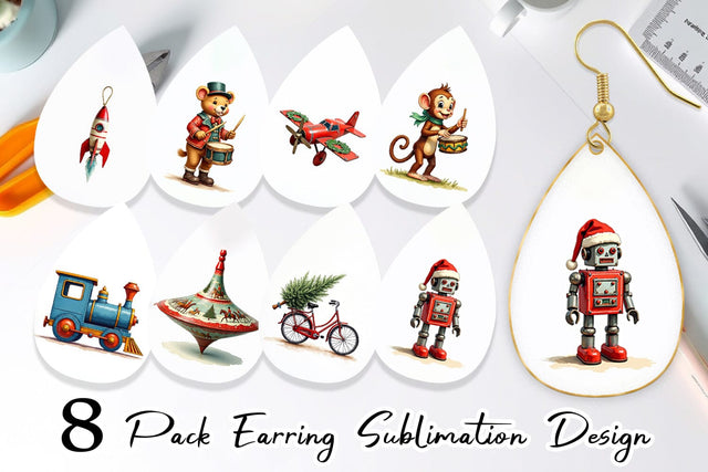 Earring Retro Christmas Tin Toy Treasures Watercolor Sublimation artnoy 