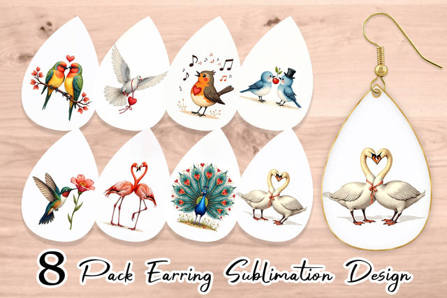 Earring Retro Lovebirds & Swans Valentine Watercolor Sublimation artnoy 