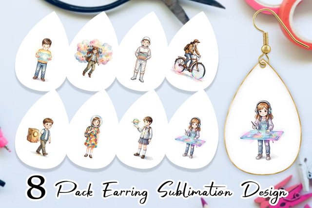 Earring Retro Space Kid School Watercolor Sublimation artnoy 