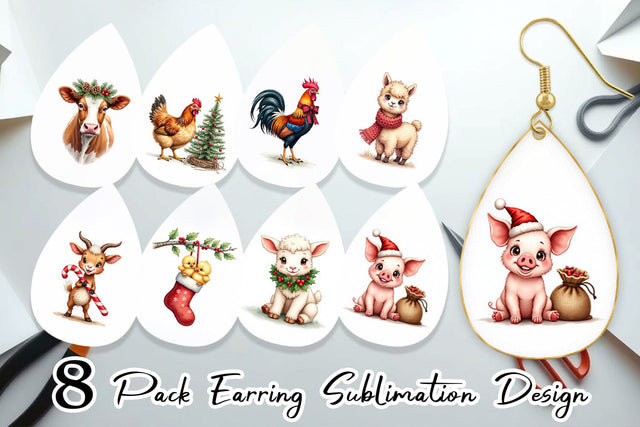 Earring Rustic Farmhouse Christmas Animals Watercolor Sublimation artnoy 