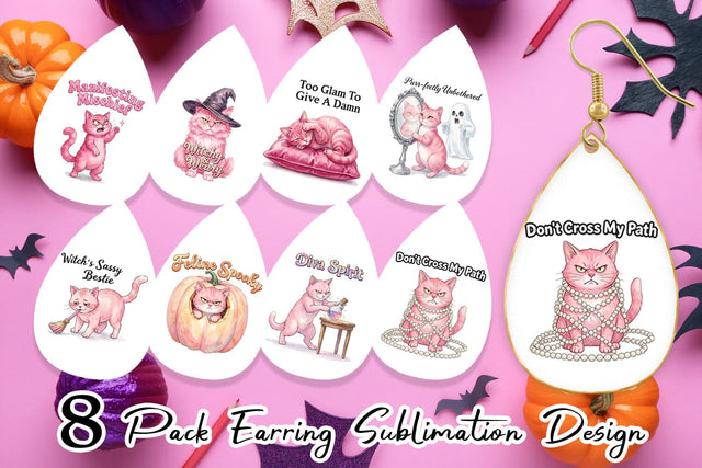 Earring Sassy Pink Cat Halloween Watercolor Sublimation artnoy 