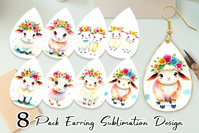 Earring Sheep with Floral Crowns Sublimation artnoy 