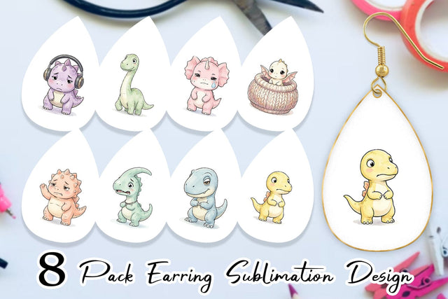 Earring Shy Baby Dinosaur Watercolor Sublimation artnoy 