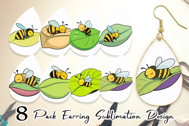 Earring Sleeping Bee on Leaf Sublimation artnoy 