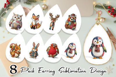 Earring Stitched Woodland Animal Patchwork Sublimation artnoy 