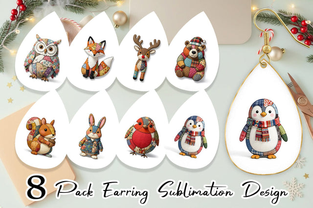 Earring Stitched Woodland Animal Patchwork Sublimation artnoy 