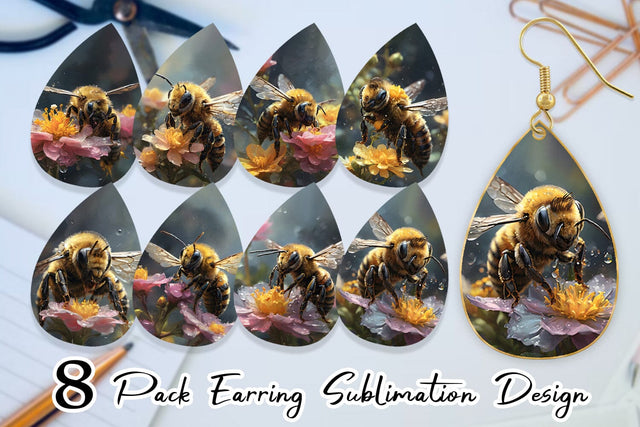 Earring Teardrop Bee and Flower Sublimation artnoy 