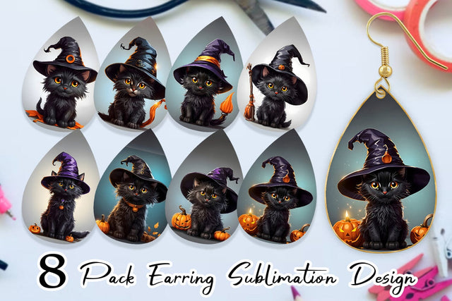 Earring Teardrop Black Cat Halloween Sublimation artnoy 